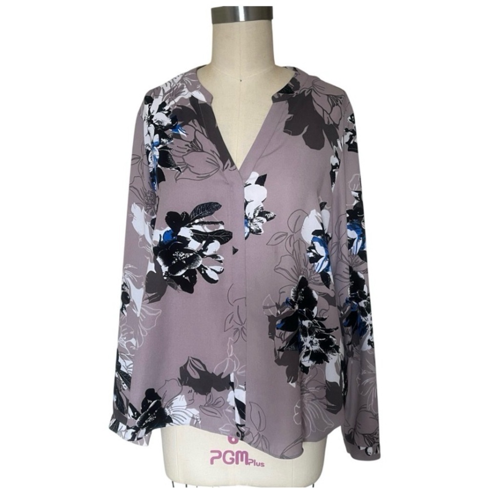 Jennifer Lopez Large Taupe Floral Blouse Top Shirt $48 Artsy Casual Office Work